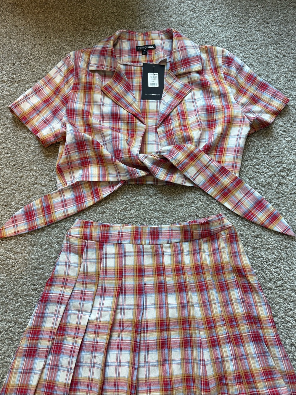 Fashion Nova Red, Yellow & Light Blue Plaid Skirt Set - Picture 5 of 8